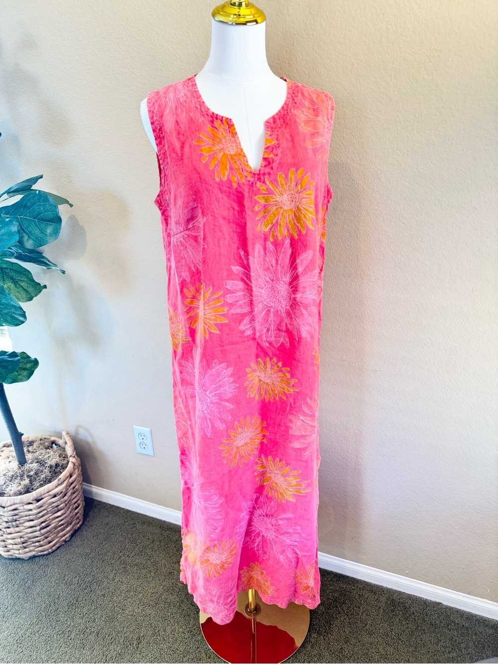Fresh Produce Linen Floral Maxi Dress Women’s L Coral Sleeveless Slits